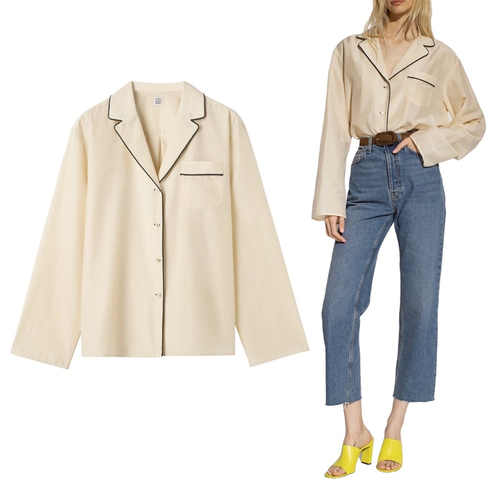 TOTEME Cotton Silk PJ Blouse Pajama Shirt in Light Hay Size 40